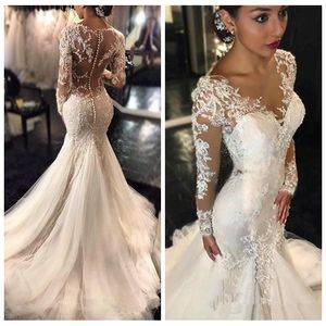 Lindas mangas compridas de mangas compridas vestidos de casamento de sereia 2019 personalizado lace apliques petite vestidos nupciais beading slim árabe Médio East Vestidos