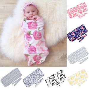 Spädbarn blommig bomull swaddle filt med hårband styck set sovsäckar muslin wrap kanin öra huvudband nyfödda baby pyjamas