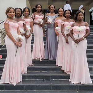 Nigerian New African Pink Mermaid Dresses Off Shoulder Floor Length Chiffon Lace Applique Party Gowns Bridesmaid Dress