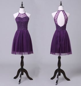 Eleganckie wiszące szyi fioletowe sukienki balowe krótkie puste tiulowe imprezę plisowaną spódnicę Europa i koktajlowe sukienki koktajlowe