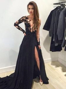 Великолепное черное длинное платье для выпускного вечера прозрачное кружево с разрезом по бокам платье для особых случаев вечернее платье женская одежда Большой размер