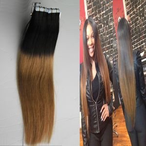 Ombre Tape In Human Hair Extensions 100g 40pcs/lot 1B /27 honey blond Non Remy Straight Brazilian Hair On Invisible Tape PU Skin Weft