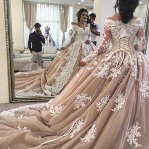 Luxury Ball Gown Wedding Dresses Saudi Arabic Off The Shoulder Lace Long Sleeves Bridal Gowns Lace Up Tulle Court Train Wedding Vestidos