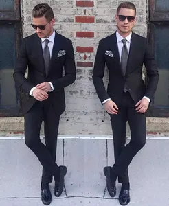 2019 Dżentelmen Black Dwukierki Męskie Garnitury Slim Fit Wedding Grooms Tuxedos Tanie Peaked Lapel Formalna Prom Business Suit (kurtka + spodnie)