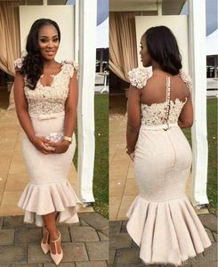 Wholesale african fashion lace wear for sale - Group buy Fashion Nude Lace Mermaid Prom Party Dresses Ankle Length Sash Handmade Flowers African Evening Dress Dubai Girls Cocktail Formal Wear