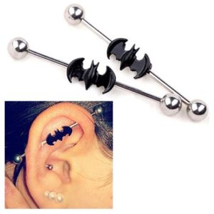 1.6x38x6mm 14G Fashion Stainless Steel Long Industrial Plugs Barbell Ear Nail Black Bat Earring Body Piercing Jewelry