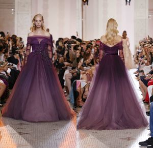 Elie Saab Purple Prom Dresses Off The Shoulder Long Sleeve Beads Illusion Elegant Evening Gowns Lace Applique Sash Special Occasion Dress