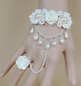 Heiße Art Braut koreanische Version des weiblichen Hochzeitskleidzubehörs Prinzessin Mädchen weiße Rose Perle Spitze Armband Band Ring Mode klassisch el