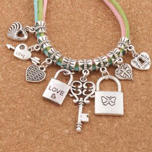 Liga Amor Coração Medalhão Keyhole Charme Grande Buraco Esquade Solta Antiga Prata Dangle Fit Braceletes BM29 80 pcs / lote