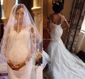 Elegante Sereia Vestidos de Casamento Bateau Pescoço Mangas Compridas Apliques de Renda Tule Backless Africano Vestidos de Noiva Vestidos de Casamento Da Igreja
