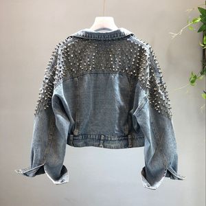 Perçin ile kadın Mont Ceket Kabanlar Kot Jean Tops Avrupa 2023 Sonbahar Yeni Kadın Tırnak Kısa Yıkama Kot Ceket Kız Moda