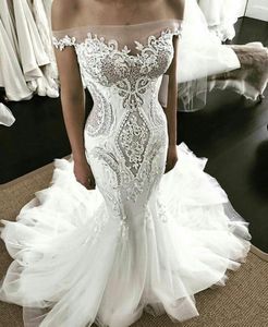 Dresses Off Mermaid the Shoulder Lace Applqiues Illusion Sexy Beach Bridal Gowns Tulle Sweep Train Wedding Dress