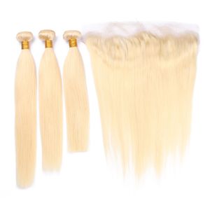 613 Haarbündel großhandel-Brasilianische Blonde Menschenhaar Bundles mit Full Frontal Bleach Blonde x4 Spitze Frontal Verschluss mit Virgin Hair Weaves Bundle Angebote
