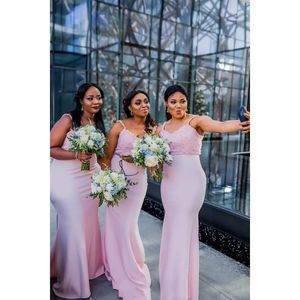Rosa Nya Mode Spaghetti Straps Lace Applique Mermaid Bridesmaid Dress Weding Gästklänningar Robe d'Invité de Mariage Formell klänning