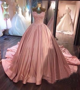 Różowa Koronkowa Aplikacja Suknia Balowa Quinceanera Suknie Sweetheart Sweep Sweet Sweet Sukienki Suknie Sweet 16 Vestidos de