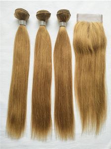 Brasiliansk Virgin Hair 27 # Färgat Blont Human Hair 3 Bundlar med spets Avslutning Billiga Blonda raka hårväv med 4x4 spetslåsning