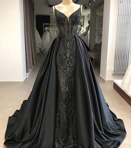 Elegant Black Sequined Evening Dresses With Detachable Train Spaghetti Beading Prom Dress Floor Length Saudi Arabic Long Formal Party Gowns
