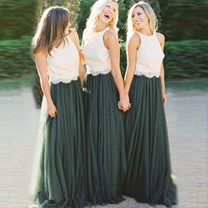 Abito da damigella d'onore in tulle verde scuro lungo 2019 stile country due colori top in pizzo vintage collo gioiello senza maniche abiti da damigella d'onore economici personalizzati