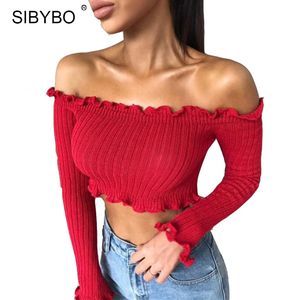Sibybo Sexy Off Shoulder Knitted T Shirt Women Crop Tops 2017 Autumn Long Sleeve White Slim Nightclub Cropped Top Tees Shirts S920