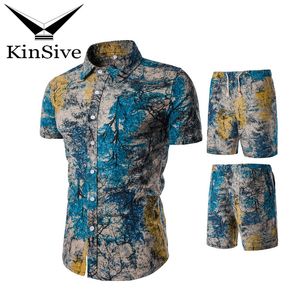 브랜드 여름 트랙 슈트 남자 셔츠 및 세트 2018 새로운 패션 프린트 짧은 슬리브 티셔츠 해변 반바지 2 조각 땀복