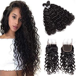 Brazilian Human Hair 3 Bundles With Closure Wet and Wavy Cheap Virgin Hair Extensions With Lace Closure Water Wave Human Hair Weaves