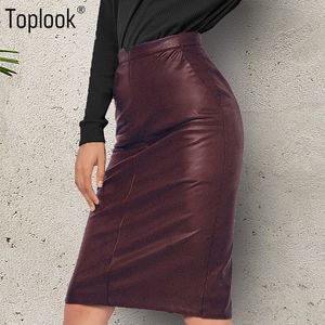 Toplook Vintage Hohe Taille Frauen Leder Rock 2017 Neue Solide Zipper Bleistift Rock Casual Knielangen Frauen Röcke Weibliche