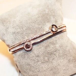 Dubbelskikt Chunky Bngales för kvinnor Rose Guldpläterad Vintage Zircon Crystal Round Charms Bangles Armband Mode Smycken Tillbehör