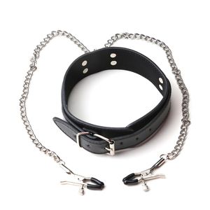 Bondage contenente nera Slave in pelle in pelle Neck Collarmetal Chain Clip Kit #R87