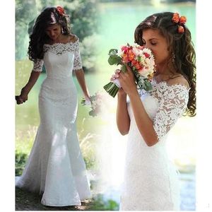 vestidos de novia vestidos de casamento sereia de renda branco 2018 fora do ombro meia mangas vestidos de casamento Brautkleid