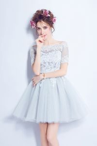 Summer Silver Gray Prom Dress Short Party Dresses Bateay Short Sleeves Lace-up Back Summer Party Dresses Applique with Sequins