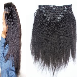 Gruby Yaki Kinky Prosto Clip In Human Hair Extensions Brazylijski Remy Włosy Naturalne Czarne Jasne Yaki Hair Class Ins 7 sztuk i 120g / zestaw