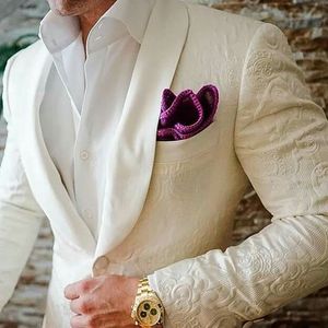 Nieuwste Jas Pant Designs Ivory White Pattern Reliëf Sjaal Revers Bruiloft Suits Slim Fit Stuk Tuxedo Custom Blazer Vestidos