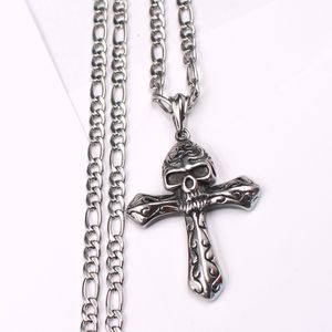 Father Gifts .husband gifts Men 316L Stainless steel Large Biker Cross Skull Punk Design Necklace Pendant 6mm 24 inch NK Chain silver