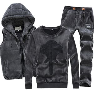 3 stycken velour sammet män set hoodie byxor väst hooded varm märke hoodie tröja vinter coat fleece hip hop män sport kostym c18111301