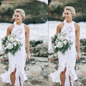 2018 Mermaid Wedding Dresses Bohemian Jewel Neck Sleeveless Full Lace Appliques Front Split Long Beach Country Seaside Custom Bridal Gowns
