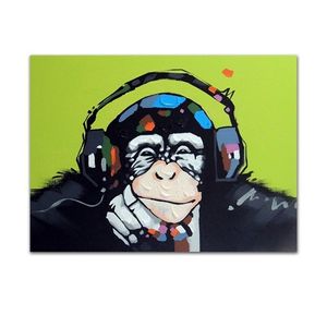 Monkey Chimp Earphones Music Hand Painted Modern Cartoon Animal Pop Art oil Painting On Canvas Museum Quality Multi size J066
