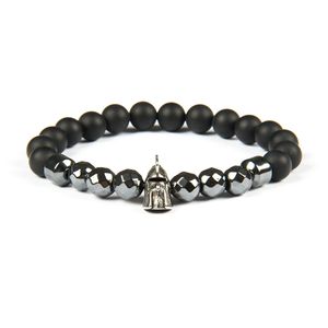 Mens Bracelet Vintage Stainless Steel Helmet Spartan Bracelet With 8mm Natural Black Agate Stone Beads Top Quality