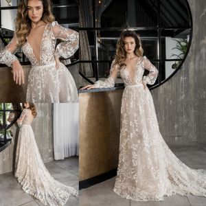 Dalal długie rękawy Riki Suknie ślubne Sheer Deep V Neck Backless A Linia Boho Bridal Suknie Full Lace Birde Vestido de novia estido