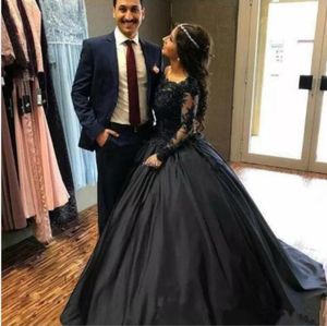 Black Lace Satin Ball Gown Gothic Wedding Dress With Long Sleeves Corset Back Non White Bridal Gowns Colorful Wedding Gown