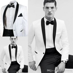 Nova Moda Branco Noivo Smoking Xaile Lapela Um Botão Groomsmen Homens Negócio Formal Terno Partido Prom Terno (Jaqueta + Calça + Laço + Cinto)