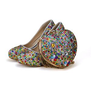 Kleine Strass-Mischfarben-High-Heel-Partyschuhe mit herzförmiger Tasche, Hochzeit, Brautschuhe, Erwachsene, Zeremonie-Schuhe mit Clutch-Tasche