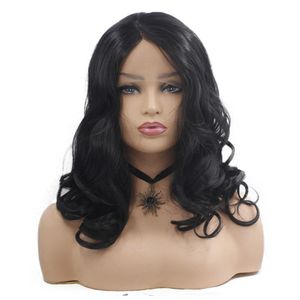 Длинные волнистые синтетические черные парики с боковой бахромой кружевной передней парикмией повседневной жизни для черных / белых женщин