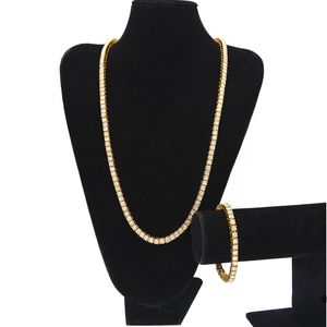 Biżuteria hip -hopowe zestawy biżuterii mrożone łańcuchy 1 rzędu męskie bling bling biały czarny dhinestone tenis długie naszyjniki bransoletka bransoletka dla 2453