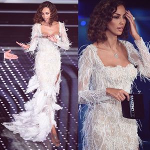 Side Split Feather Mermaid Prom Dresses Square Neck Long Sleeves Dress Evening Wear Lace Appliqued Sequins Formal Party Gowns