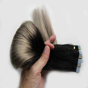 8A 1B / Cinza Dois Tons Ombre Fita Humana Extensões de Cabelo Extensões de Cabelo Da Fita de Trama Extensões de cabelo 100g Cinza de Prata Extensão Da Fita Ombre Cabelo Humano