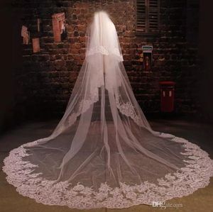 In Stock Bridal Veils Cathedral Length Wedding Veils Promotion With Combs Two Layers Veils Beautiful Lace Appliques Top Accessories
