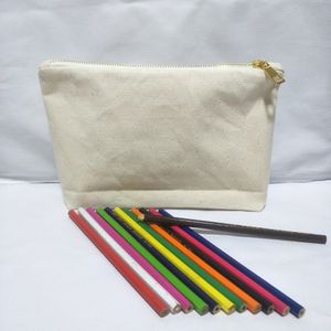 40 Stück/Menge, leere Bleistifttasche aus natürlichem Baumwoll-Canvas mit einer ungefütterten Canvas-Zwickel-Kosmetiktasche mit Seitenfalte