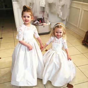 Flower For New Weddings Jewel Neck Lace Applique 1/2 Sleeves Girls Pageant Dresses First Communion Dress Bow Knot Custom