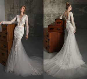 Suknie Ślubne Charchy Mermaid Głębokie V Neck Lace Aplikacja Sweep Pociąg Plaża Sukienka Bridal Długim Rękawem Illusion Plus Size Boho Suknie Ślubne