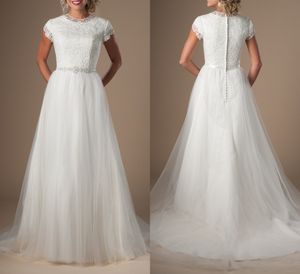 Wholesale tulle reception dress resale online - Latest Boho Modest Wedding Dresses With Cap Sleeves Lace Tulle Informal Temple Reception Bridal Gowns Custom Made Relogious Wedding Dress